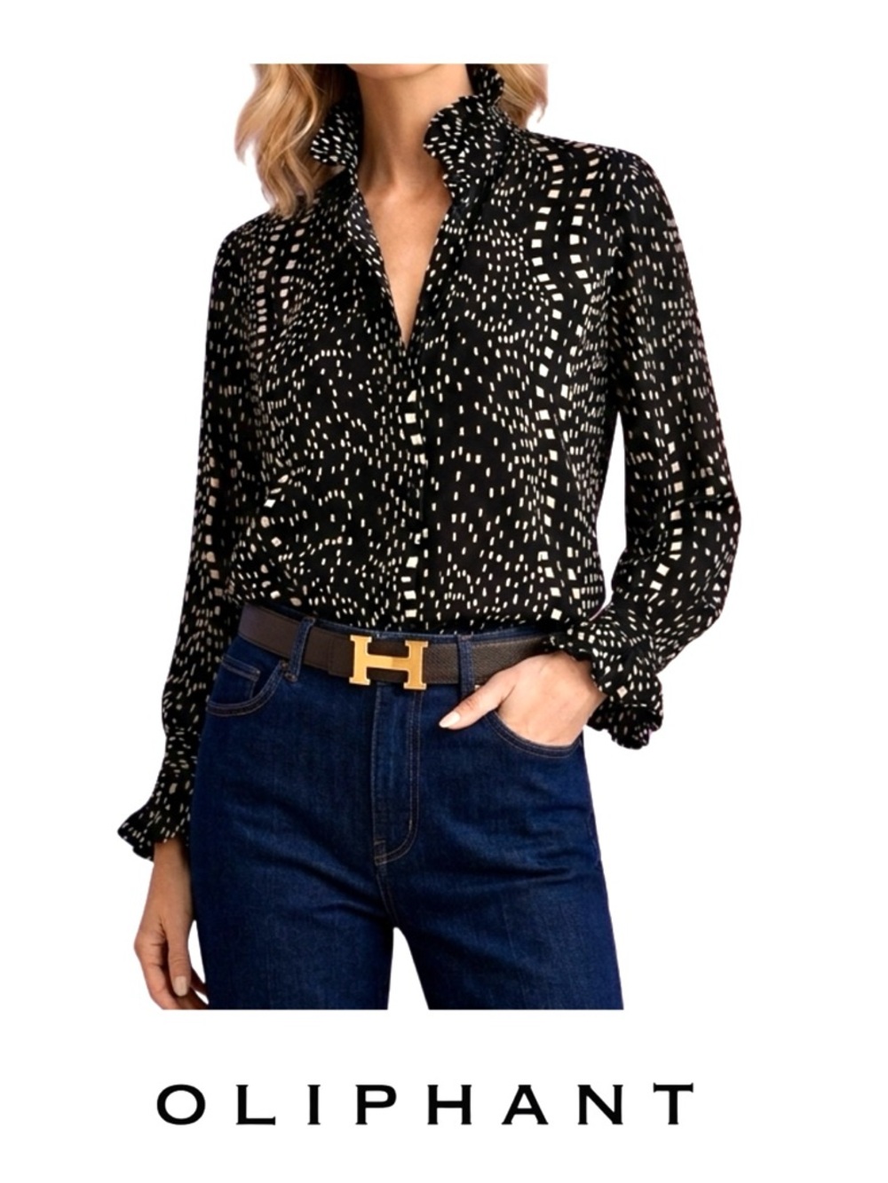 Oliphant Black and Cream Ruffle-Neck Printed Blouse, Size M